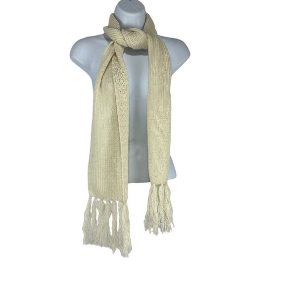 Hand Knit Cream Acrylic Scarf Fringe Textured Pattern Lightweight Winter Wear - Picture 1 of 5